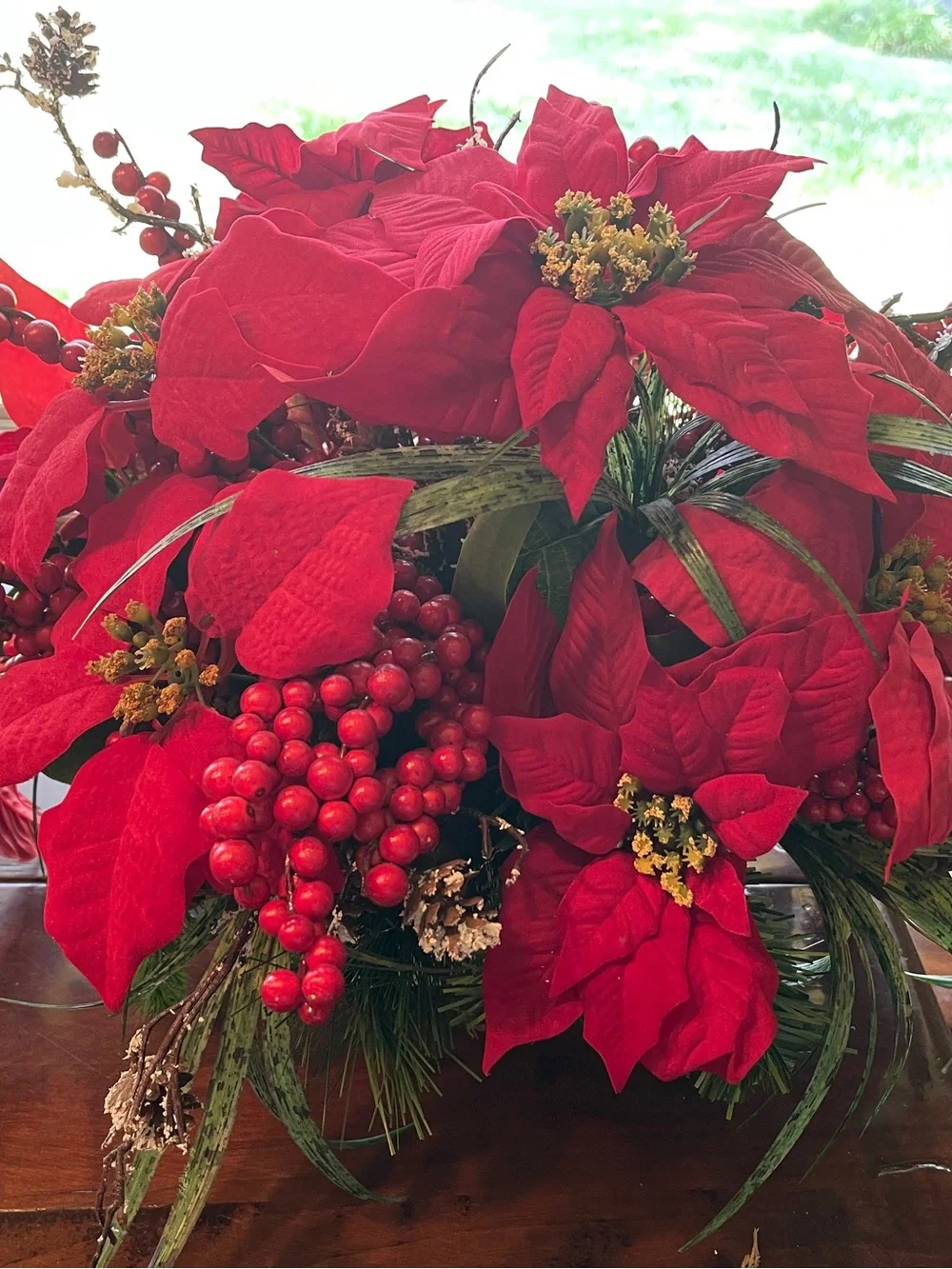 Festive Red Poinsettia Holiday Arrangement - Unbranded with Birch Wrapped Base